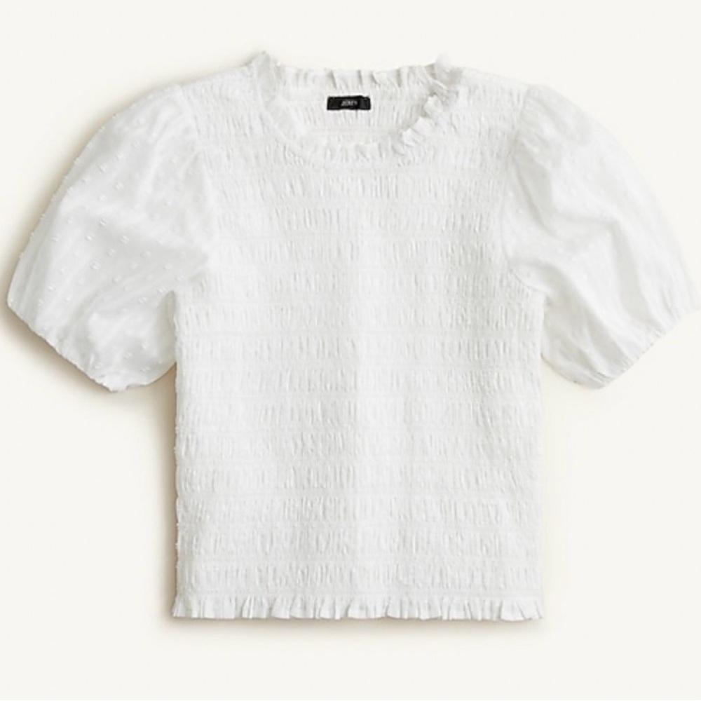 J. Crew Puff Sleeve Textured Voile Smocked White Short Sleeve Top Large NWT